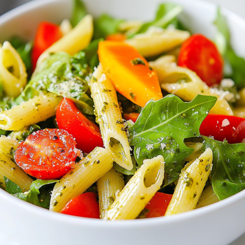 A chilled bowl of vibrant pesto pasta with fresh greens and colorful vegetables, served in a simple, clean bowl. The dish looks refreshing and ready to be enjoyed on a sunny day.