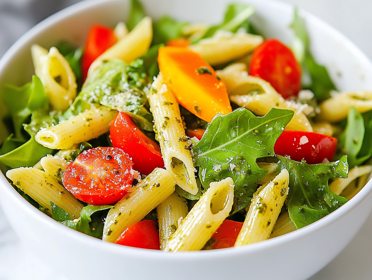 A chilled bowl of vibrant pesto pasta with fresh greens and colorful vegetables, served in a simple, clean bowl. The dish looks refreshing and ready to be enjoyed on a sunny day.