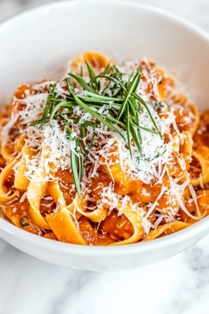A bowl of fresh fettuccine pasta tossed in rich, creamy sweet potato sauce, topped with extra Parmesan and fresh tarragon. The dish looks indulgent and vibrant, ready to serve.