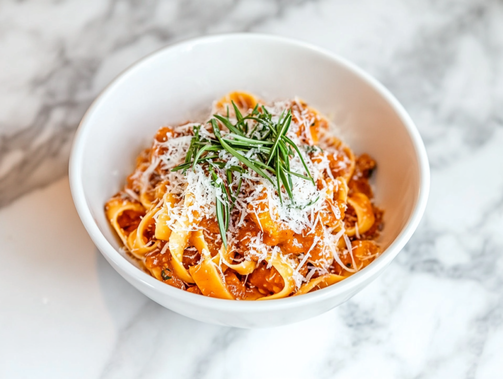 A bowl of fresh fettuccine pasta tossed in rich, creamy sweet potato sauce, topped with extra Parmesan and fresh tarragon. The dish looks indulgent and vibrant, ready to serve.