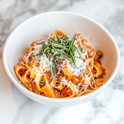 A bowl of fresh fettuccine pasta tossed in rich, creamy sweet potato sauce, topped with extra Parmesan and fresh tarragon. The dish looks indulgent and vibrant, ready to serve.