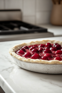 Close-up shot of a pie plate on the white marble cooktop, lined with the rolled crust. The cherry filling is being spooned in, looking vibrant and glossy.
