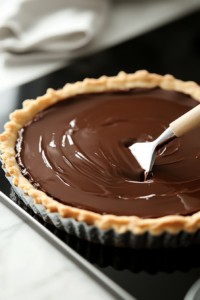 The smooth chocolate filling being poured into the cooled tart crust, with a spatula gently smoothing the surface to ensure an even layer