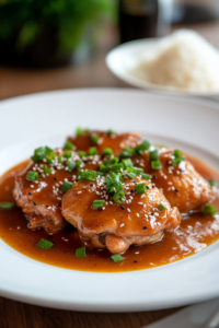 Plate of the finished chicken thighs garnished with green onions and sesame seeds. The dish is served on a white plate, with the sauce drizzled over the chicken and a small bowl of steamed rice in the background