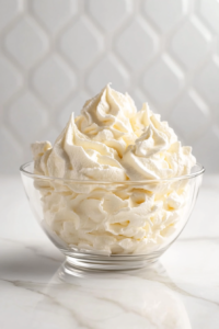 Close-up shot of the fluffy and smooth whipped aquafaba in the glass bowl, garnished with a dollop on a spoon beside it. The bowl sits on the white marble cooktop, with light reflecting off the creamy texture
