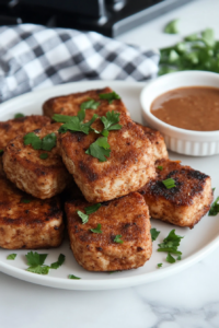 Plate of crispy fried tofu 'chicken' arranged in a stack, garnished with fresh parsley. A small bowl of dipping sauce is on the side, and a checkered napkin is folded next to the plate on a rustic table setting.