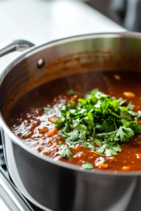 A soup pot on the white marble cooktop, with a drizzle of olive oil and a squeeze of fresh lemon juice being stirred in. Garnished with the remaining parsley, the soup looks rich and inviting, ready to be served.