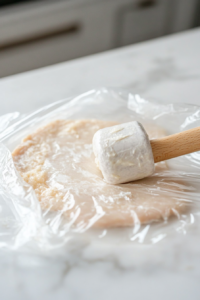 Close-up of a flattened chicken breast on a white marble cooktop with a dollop of creamy spinach filling in the center. The edges are being folded around the filling, forming a neat roll.