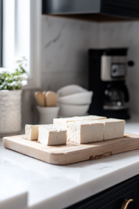 Side shot of tofu being pressed with a tofu press on a kitchen counter. Water is visibly draining into a bowl beneath the press, with a package of tofu and a freezer bag in the background.