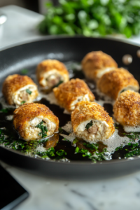 Close-up of a black sauté pan on a white marble cooktop, with breaded stuffed chicken rolls frying in olive oil. The rolls are golden brown, sizzling in the hot oil.