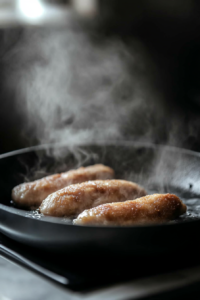 Close-up shot of a black skillet on the white marble cooktop, sizzling with ghee as breaded chicken cooks inside. The chicken is golden brown and crisp, with steam rising from the pan.