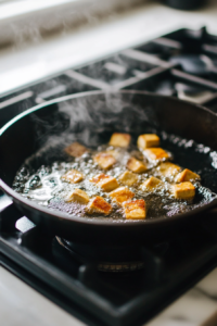 Action shot of tofu pieces frying in a cast-iron skillet filled with hot oil. The tofu is golden brown and bubbling as it fries, with a pair of tongs flipping one piece in the foreground