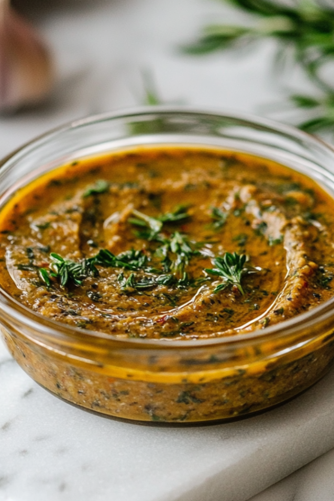 A beautifully plated olive spread served in a small bowl, garnished with fresh herbs.