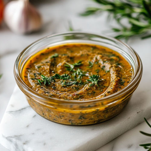 A beautifully plated olive spread served in a small bowl, garnished with fresh herbs.