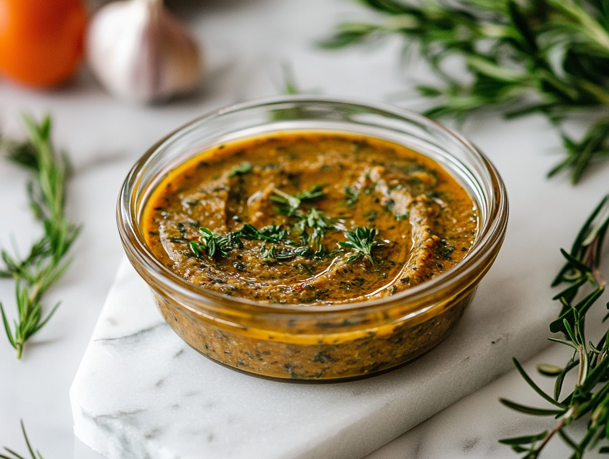 A beautifully plated olive spread served in a small bowl, garnished with fresh herbs.