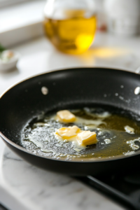 Close-up shot of a large pan on the white marble cooktop with butter and extra virgin olive oil heating up. The butter is melting and sizzling in the pan, ready for the next step