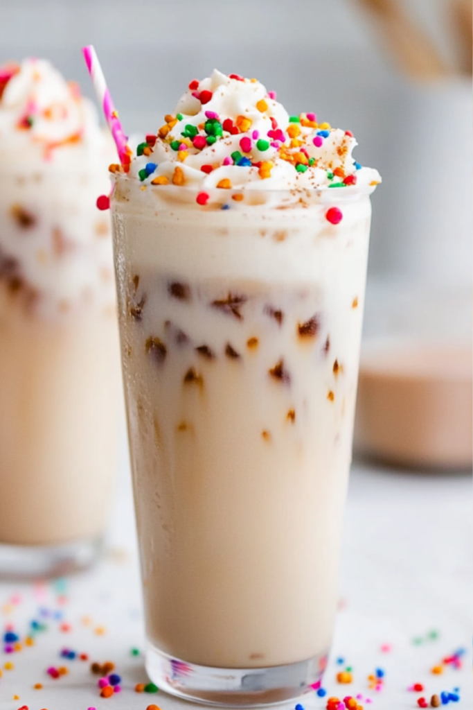 Freshly brewed espresso being poured into an iced latte with almond milk and sugar cookie syrup.