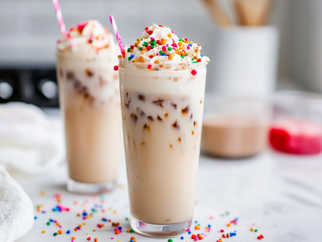 Freshly brewed espresso being poured into an iced latte with almond milk and sugar cookie syrup.