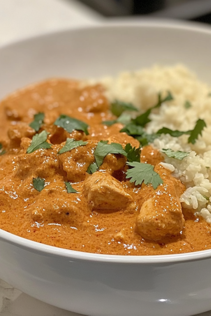 "Close-up shot of the finished chicken curry served in a bowl, garnished with fresh cilantro. The curry is hot, creamy, and aromatic, resting on the white marble cooktop next to a side of cauliflower rice.""Close-up shot of the finished chicken curry served in a bowl, garnished with fresh cilantro. The curry is hot, creamy, and aromatic, resting on the white marble cooktop next to a side of cauliflower rice."