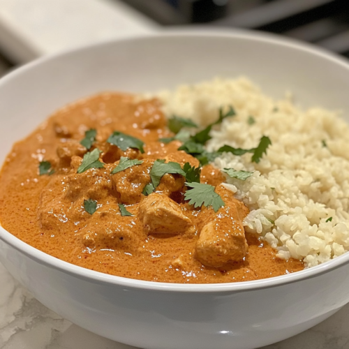 "Close-up shot of the finished chicken curry served in a bowl, garnished with fresh cilantro. The curry is hot, creamy, and aromatic, resting on the white marble cooktop next to a side of cauliflower rice."