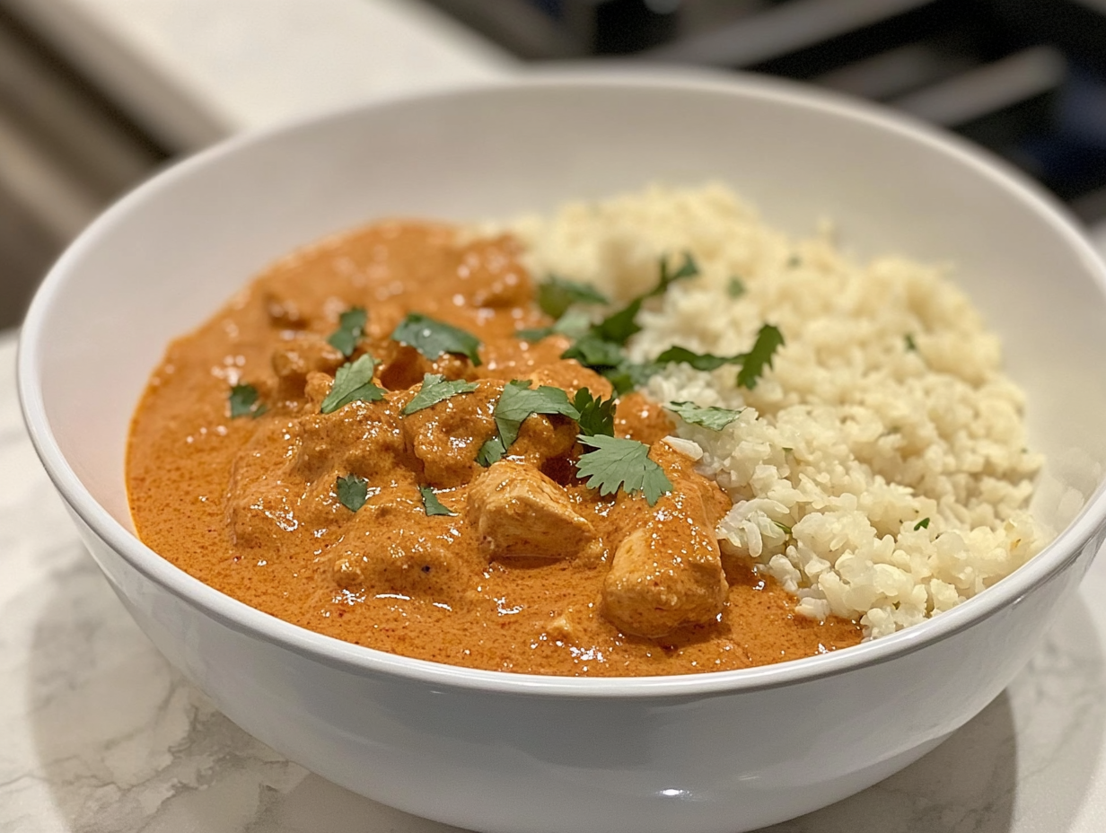 "Close-up shot of the finished chicken curry served in a bowl, garnished with fresh cilantro. The curry is hot, creamy, and aromatic, resting on the white marble cooktop next to a side of cauliflower rice."