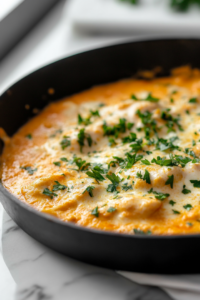 Creamy parmesan chicken garnished with freshly chopped parsley, served warm in a black skillet placed on a white marble cooktop, ready to enjoy.