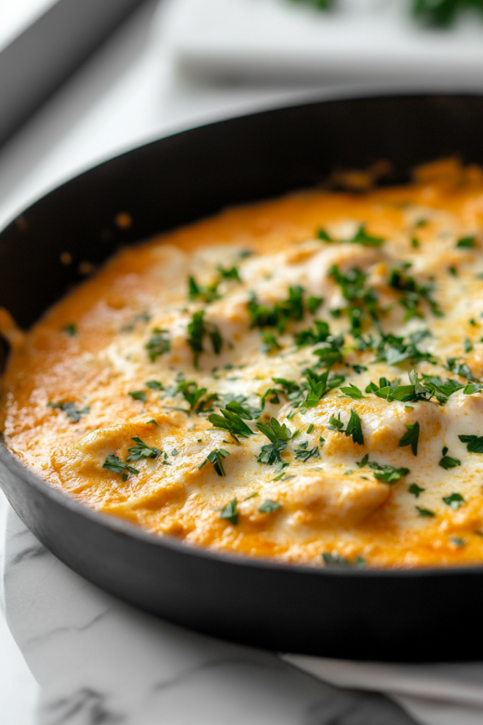 Creamy parmesan chicken garnished with freshly chopped parsley, served warm in a black skillet placed on a white marble cooktop, ready to enjoy.