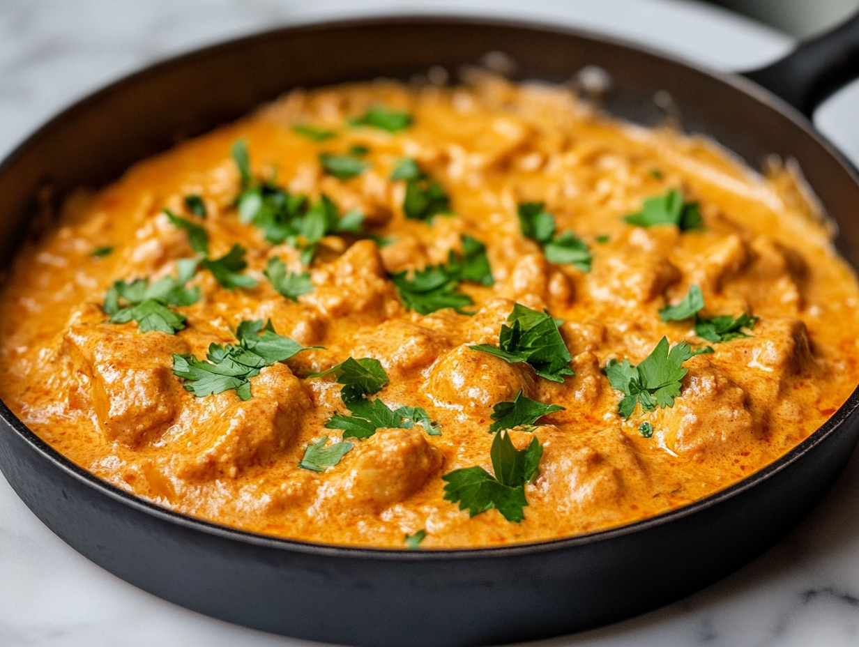 A large black skillet on a white marble cooktop with shimmering avocado oil heating over medium-high heat, ready for cooking