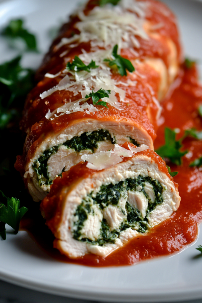 Close-up of a sliced stuffed chicken roll on a plate, showing the creamy spinach filling inside. The dish is garnished with marinara sauce, Parmesan cheese, and fresh parsley, served on the white marble cooktop.