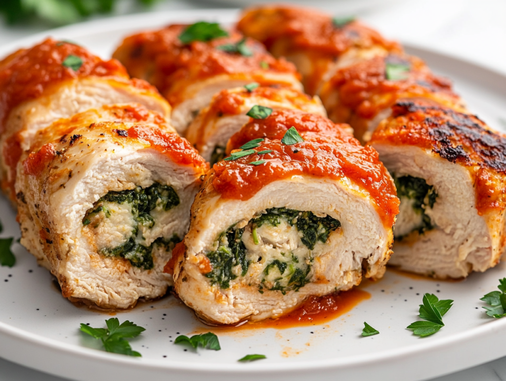 Close-up of a sliced stuffed chicken roll on a plate, showing the creamy spinach filling inside. The dish is garnished with marinara sauce, Parmesan cheese, and fresh parsley, served on the white marble cooktop.