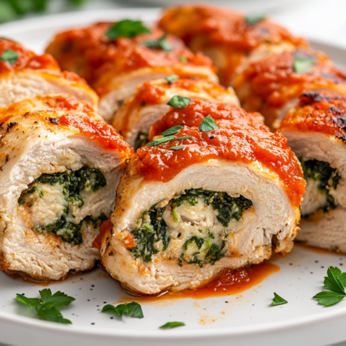 Close-up of a sliced stuffed chicken roll on a plate, showing the creamy spinach filling inside. The dish is garnished with marinara sauce, Parmesan cheese, and fresh parsley, served on the white marble cooktop.