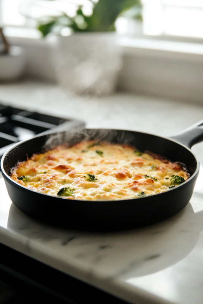 The black skillet placed on the white marble cooktop, filled with the finished broccoli and chicken bake. The cheese topping is golden and crispy, with fresh steam rising. A serving spoon rests inside, ready to scoop