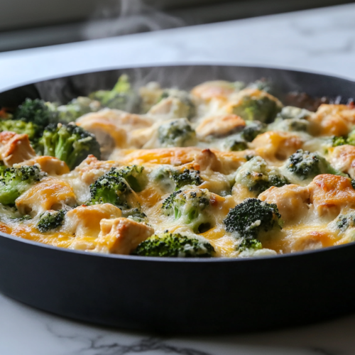 The black skillet placed on the white marble cooktop, filled with the finished broccoli and chicken bake. The cheese topping is golden and crispy, with fresh steam rising. A serving spoon rests inside, ready to scoop