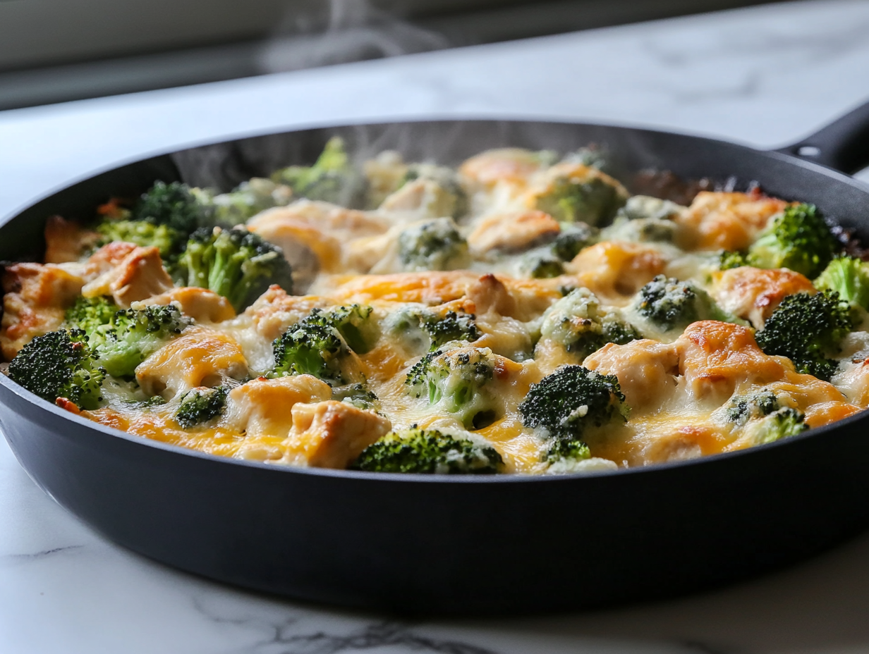 The black skillet placed on the white marble cooktop, filled with the finished broccoli and chicken bake. The cheese topping is golden and crispy, with fresh steam rising. A serving spoon rests inside, ready to scoop