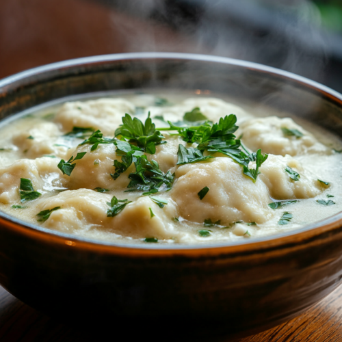 A steaming bowl of chicken soup with dumplings, garnished with fresh parsley, served hot and ready to enjoy.