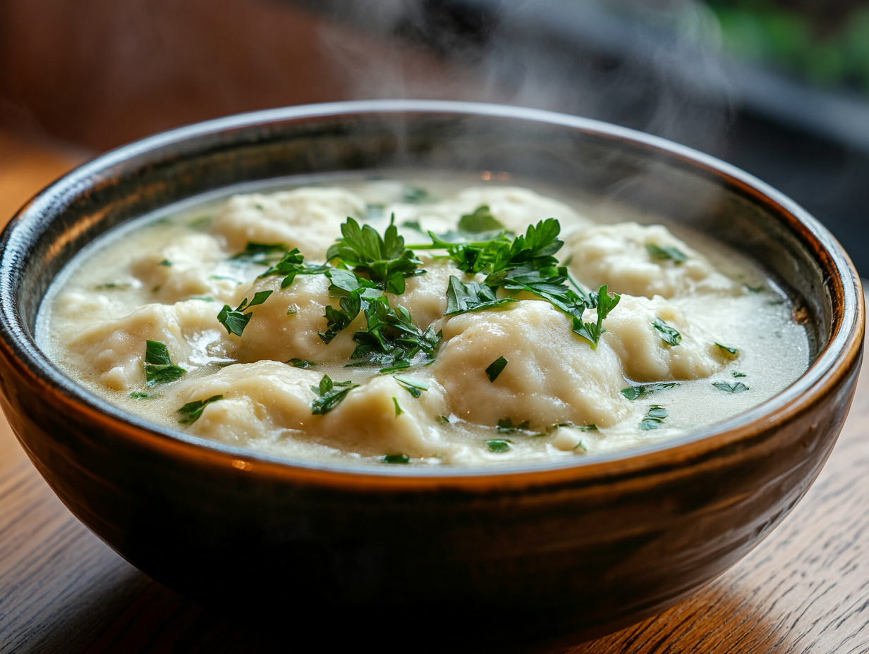 A steaming bowl of chicken soup with dumplings, garnished with fresh parsley, served hot and ready to enjoy.