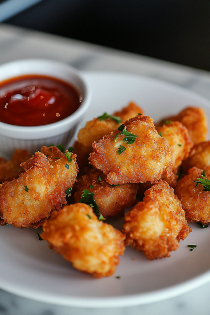 Golden-baked chicken nuggets served on a white plate with a bowl of spicy ketchup dip. The plate is garnished with fresh parsley and set on a white marble cooktop
