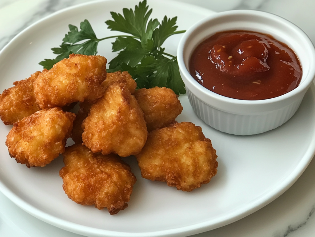 Golden-baked chicken nuggets served on a white plate with a bowl of spicy ketchup dip. The plate is garnished with fresh parsley and set on a white marble cooktop