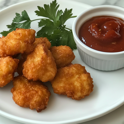 Golden-baked chicken nuggets served on a white plate with a bowl of spicy ketchup dip. The plate is garnished with fresh parsley and set on a white marble cooktop