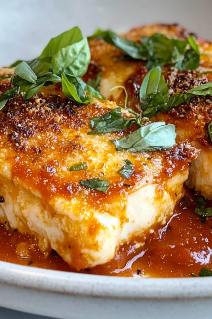 Close-up shot of the finished chicken parmesan on a plate, served hot. The golden-brown cheese is perfectly melted over the tomato sauce, with fresh basil garnish on top. The plate rests on the white marble cooktop