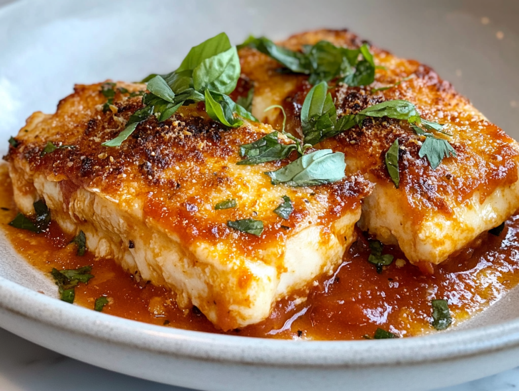Close-up shot of the finished chicken parmesan on a plate, served hot. The golden-brown cheese is perfectly melted over the tomato sauce, with fresh basil garnish on top. The plate rests on the white marble cooktop