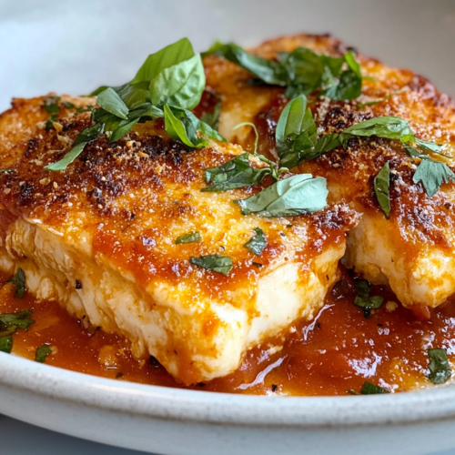 Close-up shot of the finished chicken parmesan on a plate, served hot. The golden-brown cheese is perfectly melted over the tomato sauce, with fresh basil garnish on top. The plate rests on the white marble cooktop