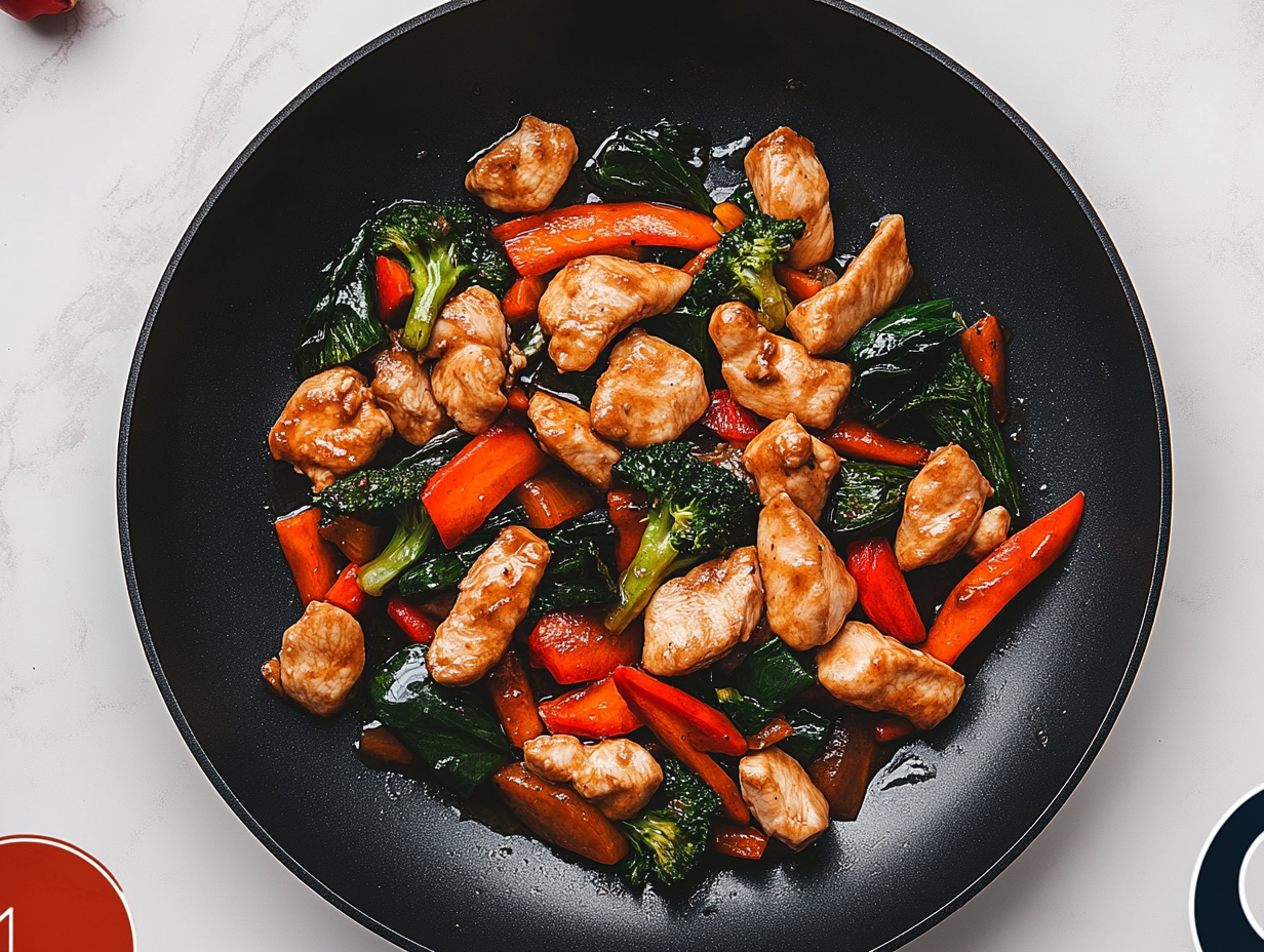 Close-up shot of a spoon serving the stir fry onto a plate from the black non-stick skillet on the white marble cooktop. The chicken and vegetables are evenly coated with the sauce, ready to enjoy