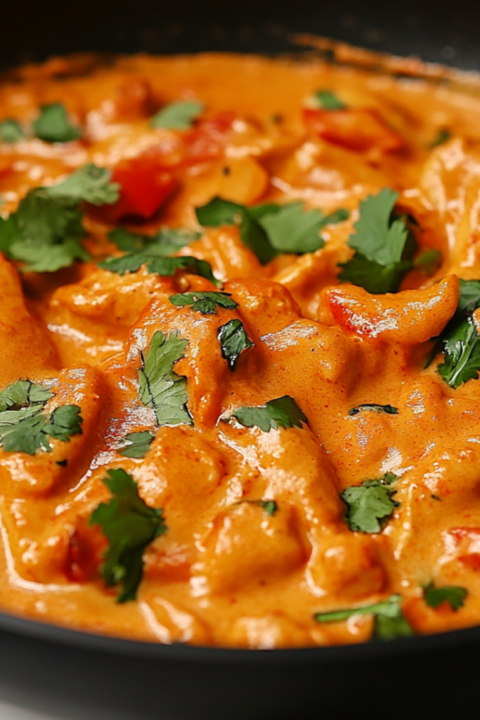 Close-up shot of the finished butter chicken in the black frying pan, coated in the creamy sauce and garnished with fresh cilantro. The dish sits on the white marble cooktop, ready to be served.