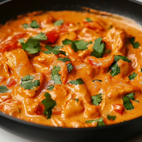 Close-up shot of the finished butter chicken in the black frying pan, coated in the creamy sauce and garnished with fresh cilantro. The dish sits on the white marble cooktop, ready to be served.