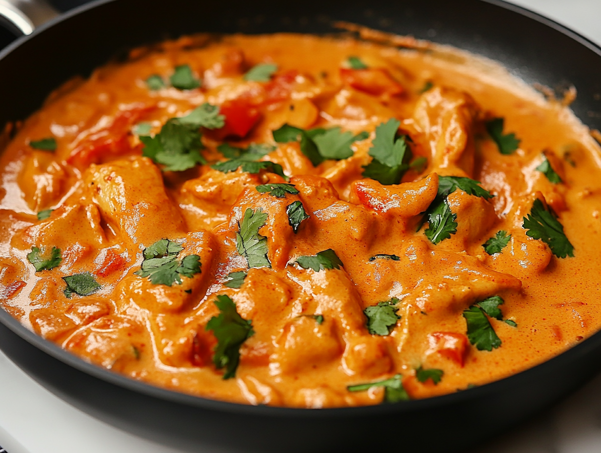 Close-up shot of the finished butter chicken in the black frying pan, coated in the creamy sauce and garnished with fresh cilantro. The dish sits on the white marble cooktop, ready to be served.