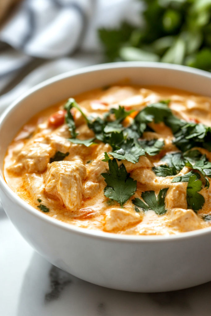 A close-up shot of the white bowl on the white marble cooktop, with the creamy chicken mixture now fully melted and smooth, ready to serve. The dish looks creamy, rich, and cheesy.