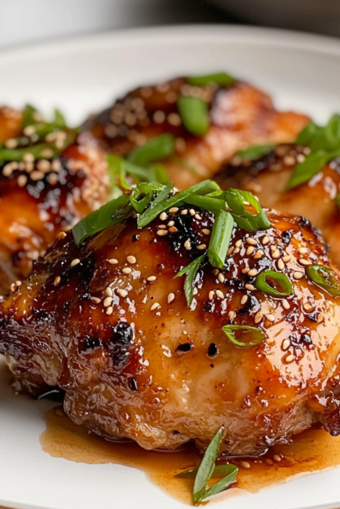 Plate of the finished chicken thighs garnished with green onions and sesame seeds. The dish is served on a white plate, with the sauce drizzled over the chicken and a small bowl of steamed rice in the background