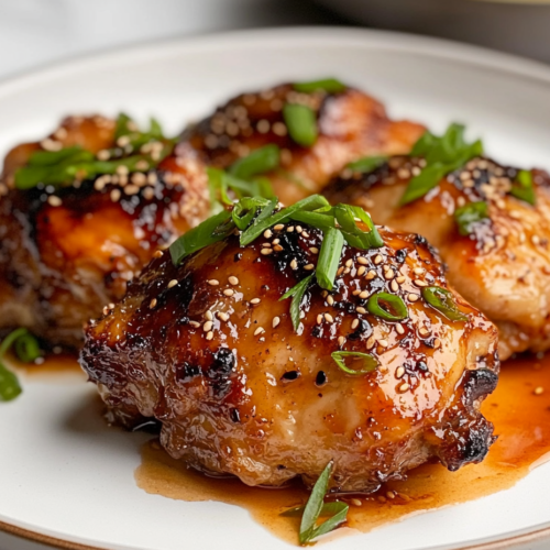 Plate of the finished chicken thighs garnished with green onions and sesame seeds. The dish is served on a white plate, with the sauce drizzled over the chicken and a small bowl of steamed rice in the background