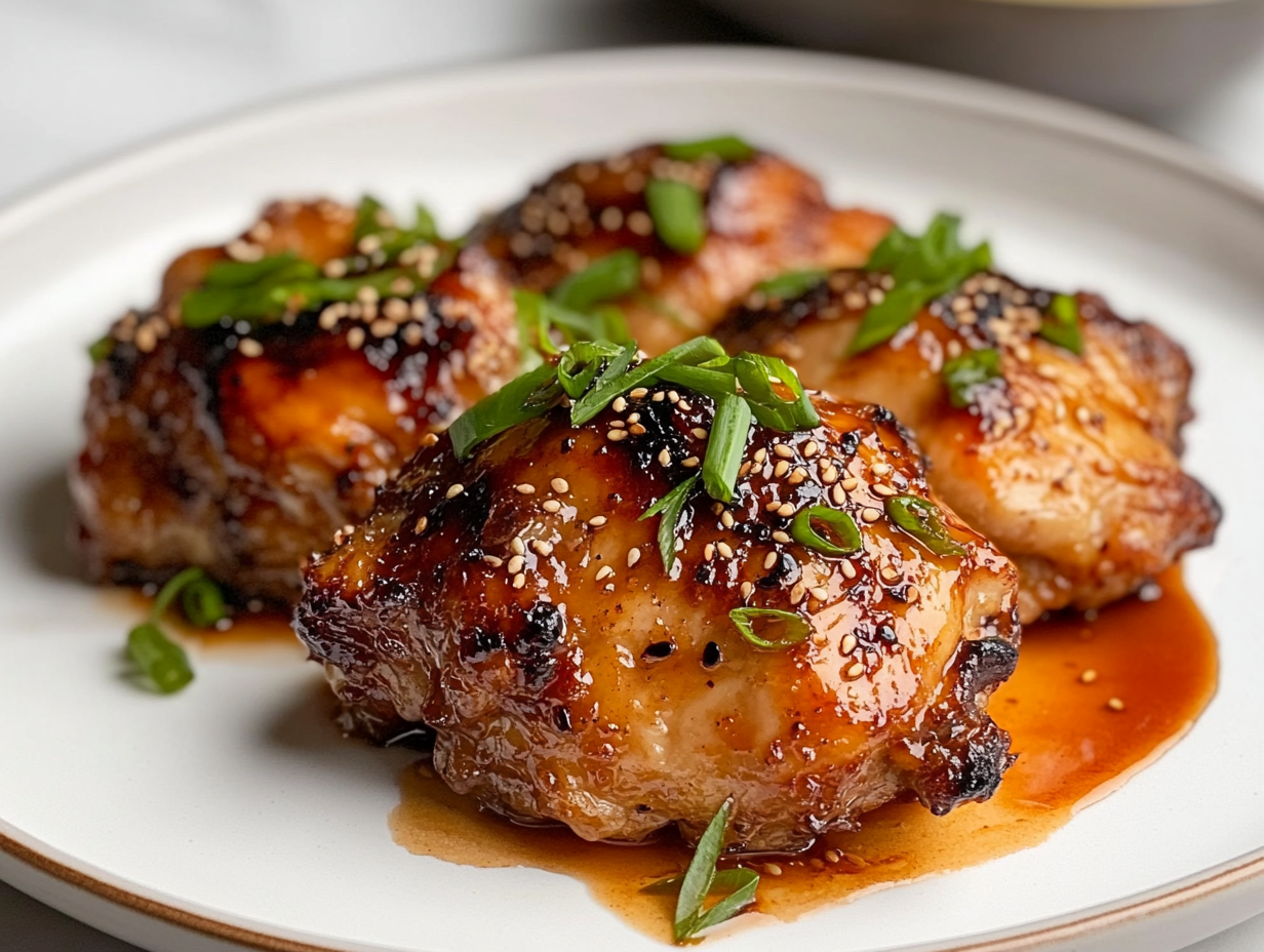 Plate of the finished chicken thighs garnished with green onions and sesame seeds. The dish is served on a white plate, with the sauce drizzled over the chicken and a small bowl of steamed rice in the background